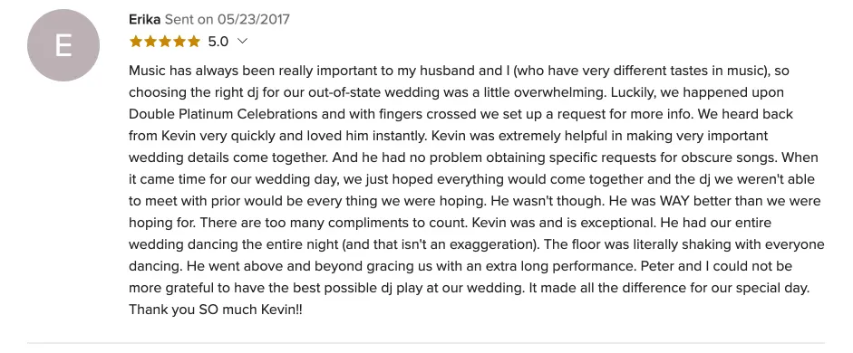 Review on WeddingWire, May 23, 2017