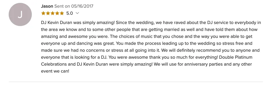 Review on WeddingWire, May 16, 2017