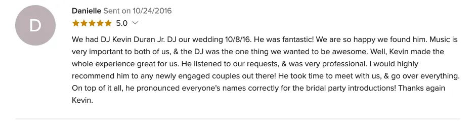 Review on WeddingWire, Oct 24, 2016