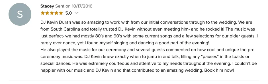Review on WeddingWire, Oct 17, 2016