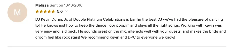 Review on WeddingWire, Oct 10, 2016
