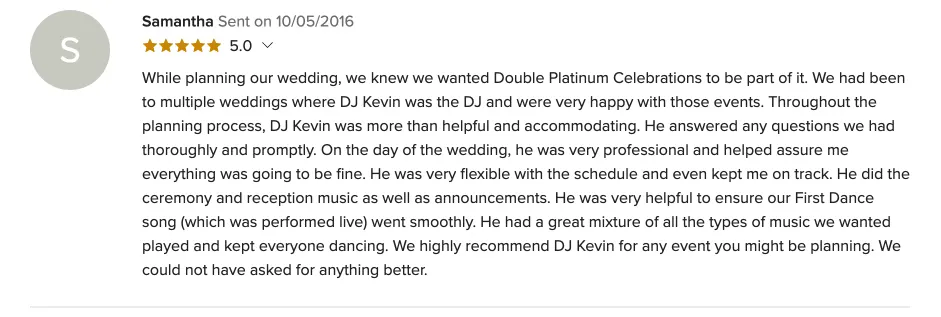 Review on WeddingWire, Oct 5, 2016