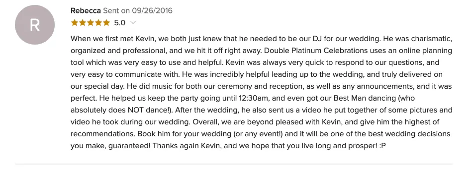 Review on WeddingWire, Sep 26, 2016