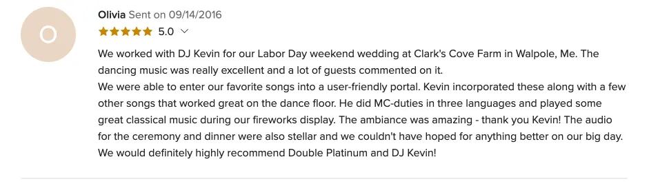 Review on WeddingWire, Sep 14, 2016