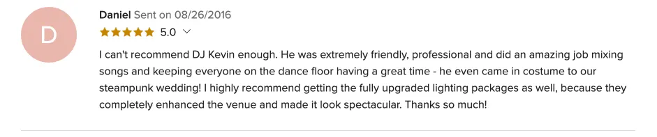 Review on WeddingWire, Aug 26, 2016