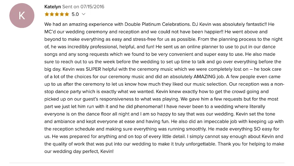 Review on WeddingWire, Jul 15, 2016