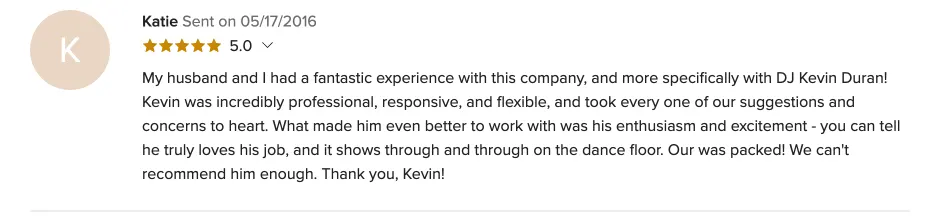 Review on WeddingWire, May 17, 2016