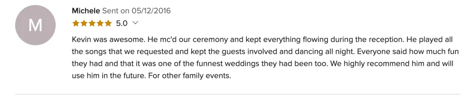 Review on WeddingWire, May 12, 2016
