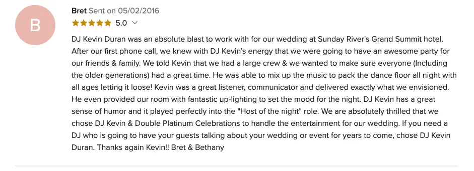 Review on WeddingWire, May 2, 2016