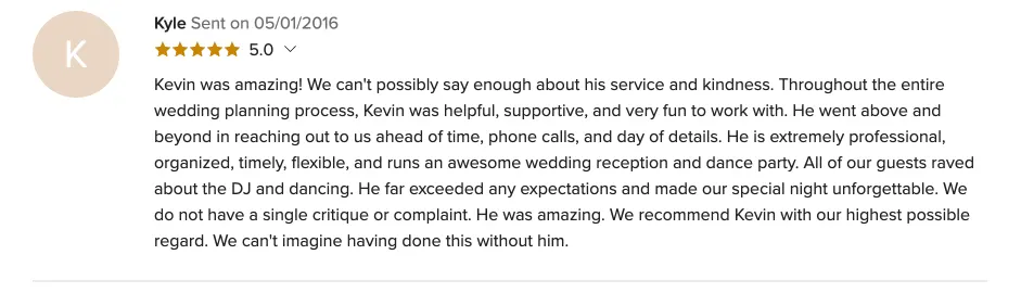 Review on WeddingWire, May 1, 2016