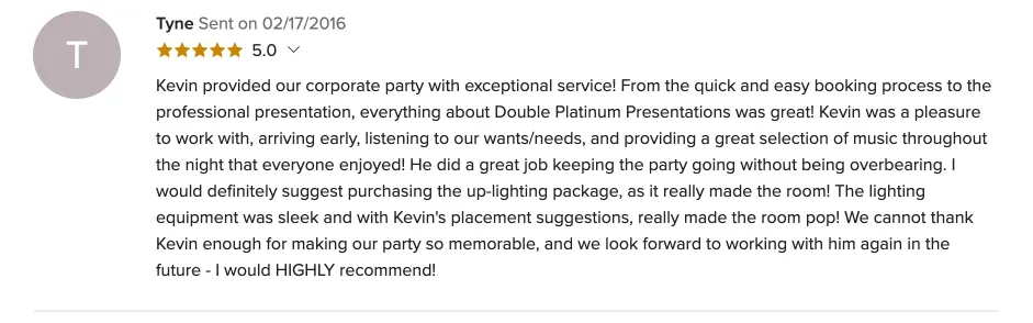 Review on WeddingWire, Feb 17, 2016