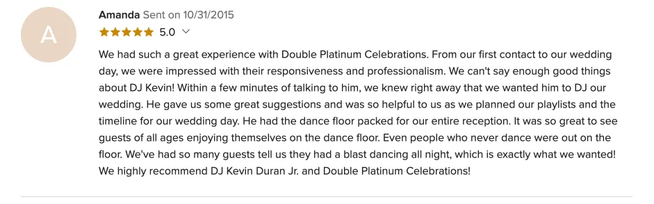 Review on WeddingWire, Oct 31, 2015