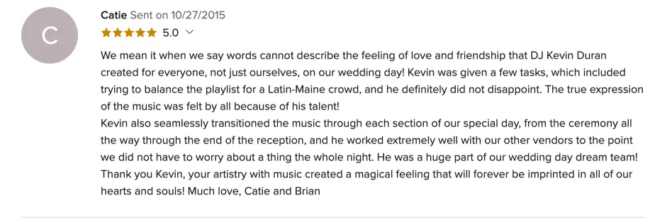 Review on WeddingWire, Oct 27, 2015