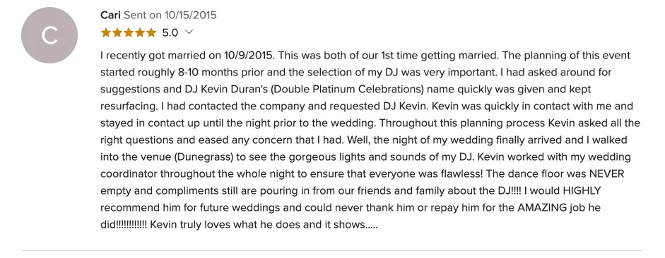 Review on WeddingWire, Oct 15, 2015