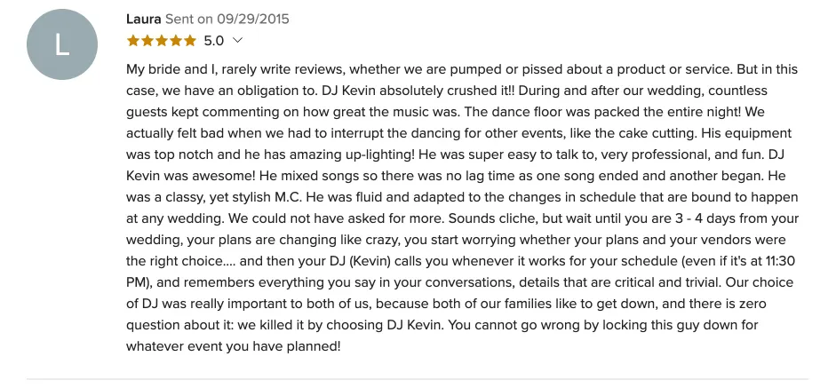 Review on WeddingWire, Sep 29, 2015