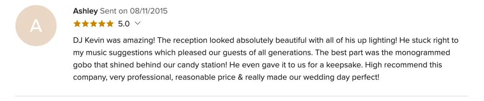Review on WeddingWire, Aug 11, 2015