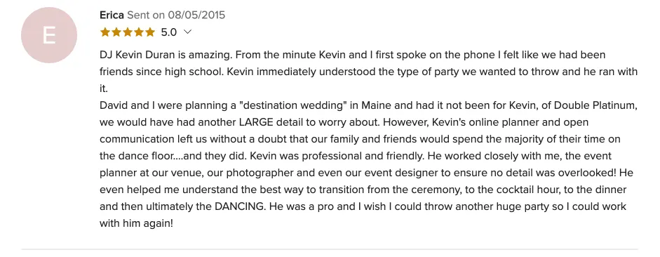 Review on WeddingWire, Aug 5, 2015