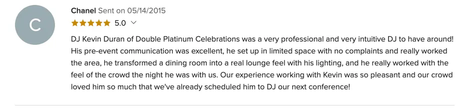 Review on WeddingWire, May 14, 2015