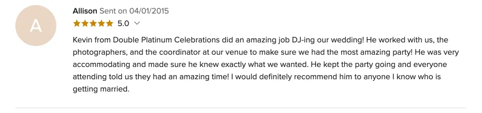 Review on WeddingWire, Apr 1, 2015