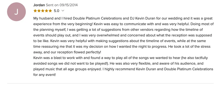 Review on WeddingWire, Sep 15, 2014