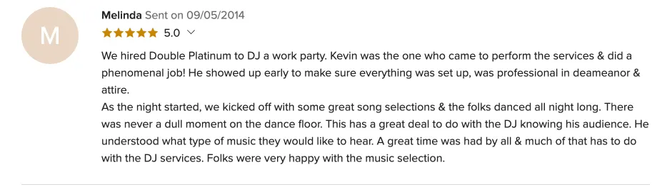 Review on WeddingWire, Sep 5, 2014