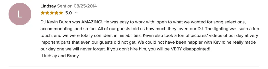 Review on WeddingWire, Aug 25, 2014
