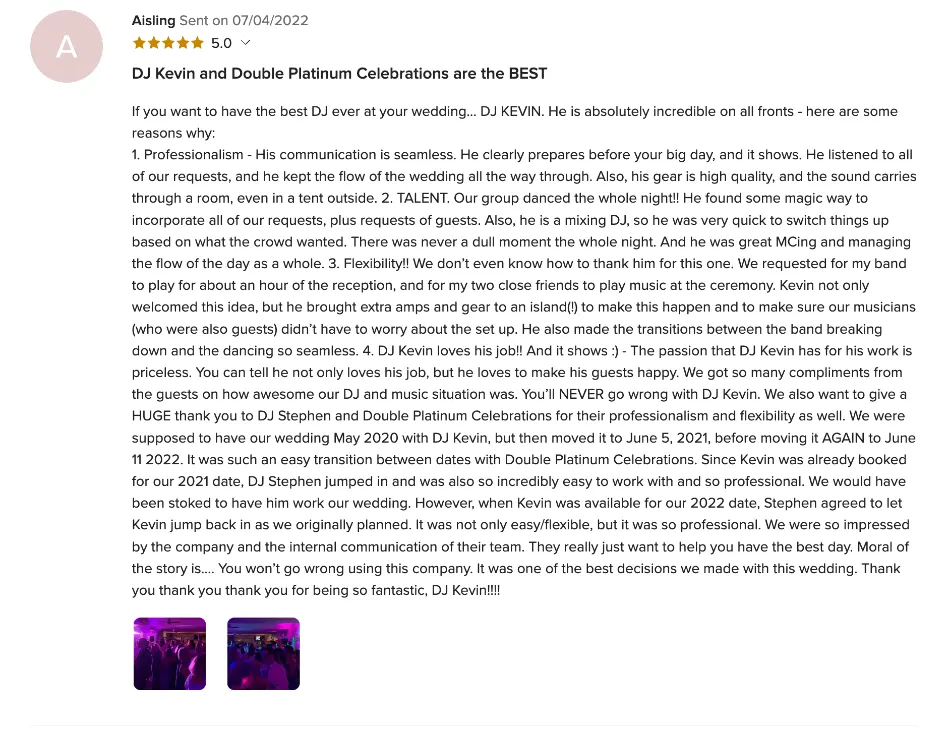 Review on WeddingWire, Jul 4, 2022