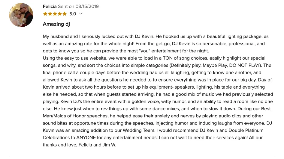 Review on WeddingWire, Mar 15, 2019