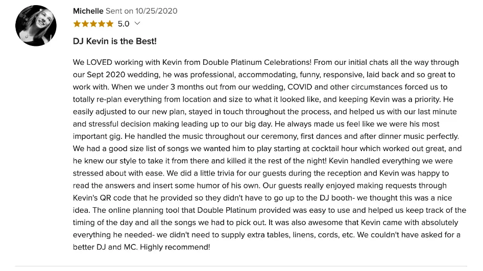 Review on WeddingWire, Oct 25, 2020