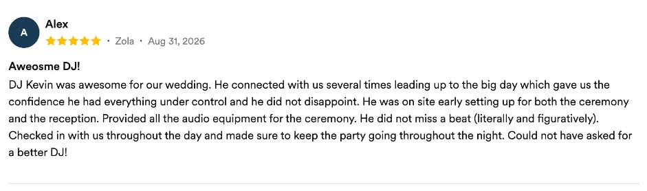Review on Zola, Aug 31, 2026