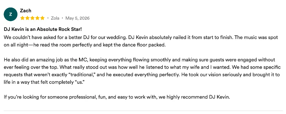 Review on Zola, May 5, 2026