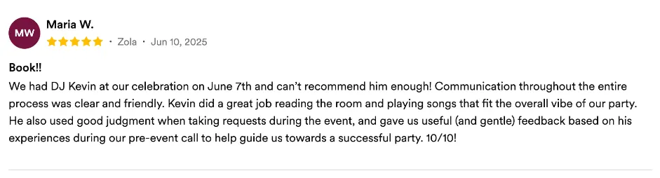 Review on Zola, Jun 10, 2025