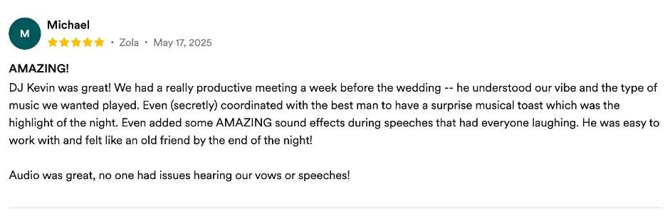 Review on Zola, May 17, 2025